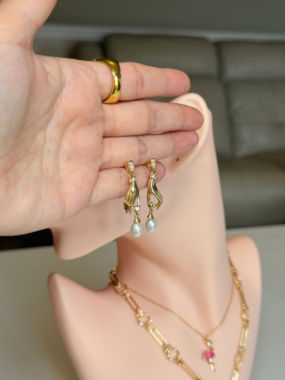 Gold Hand Pearl Drop Earrings - Picture 11 of 13